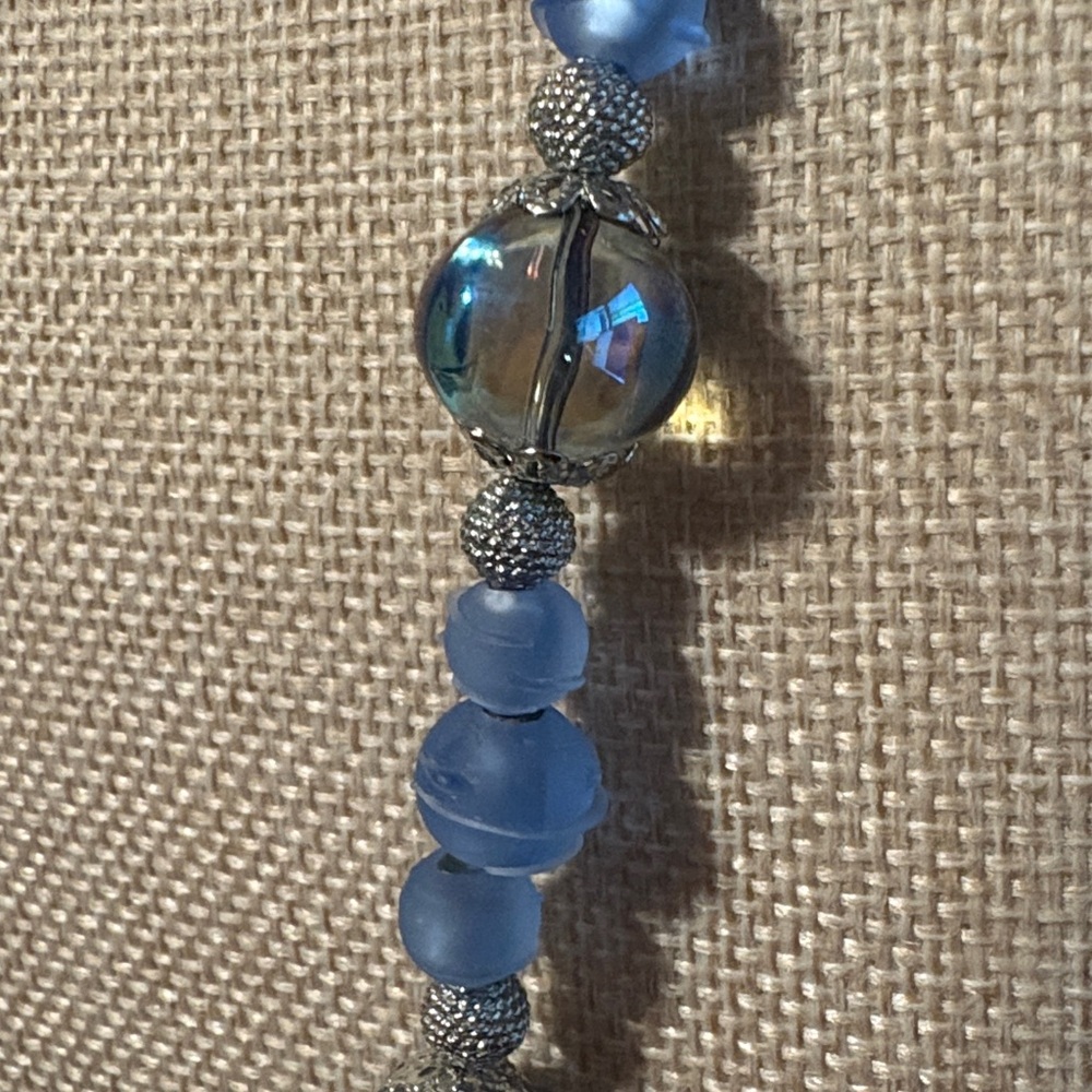 Vintage Lamp-work & Blue Marble Glass Beaded Necklace 22’ - Picture 3 of 4